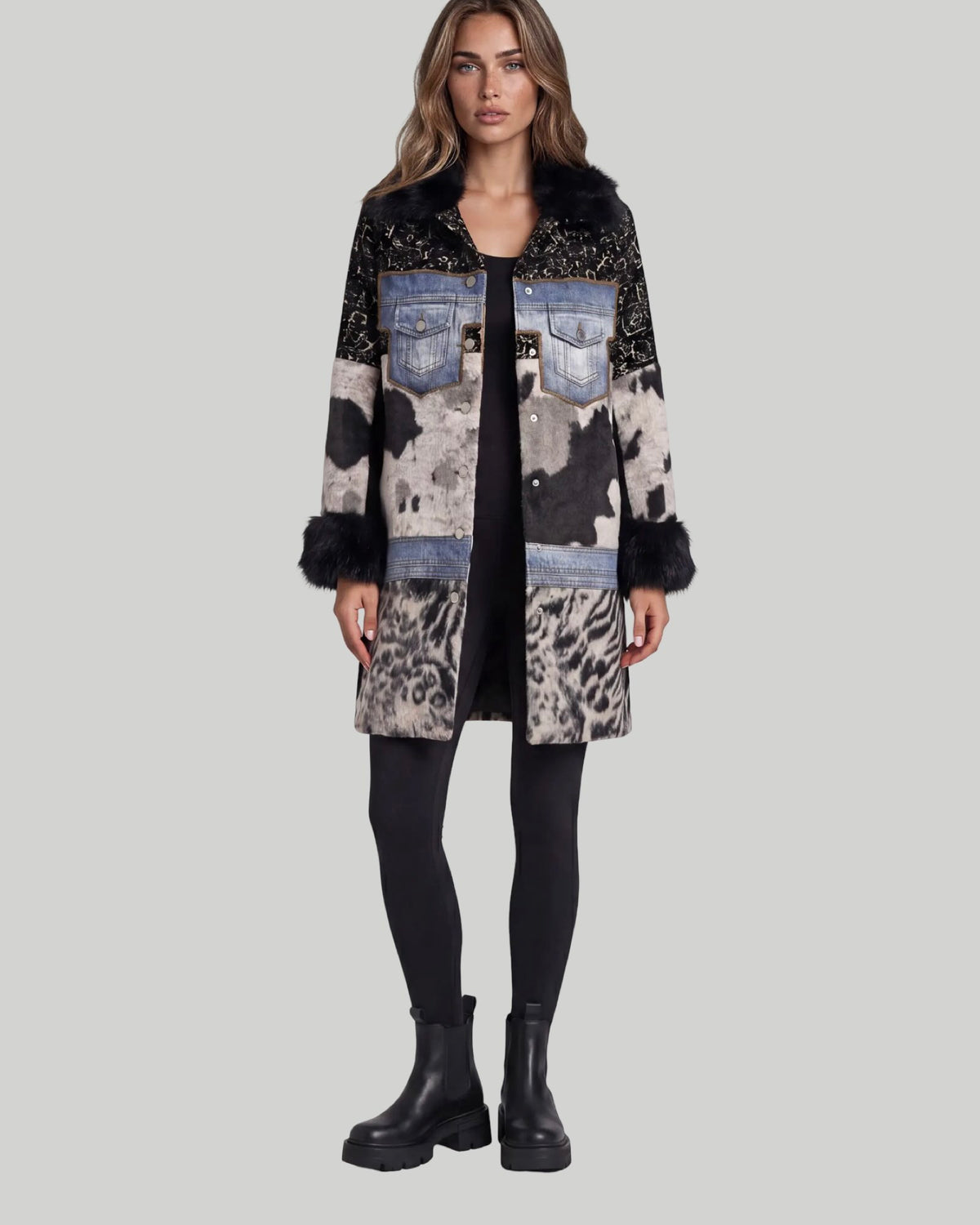Mixed Media Faux Fur Statement Coat in Black