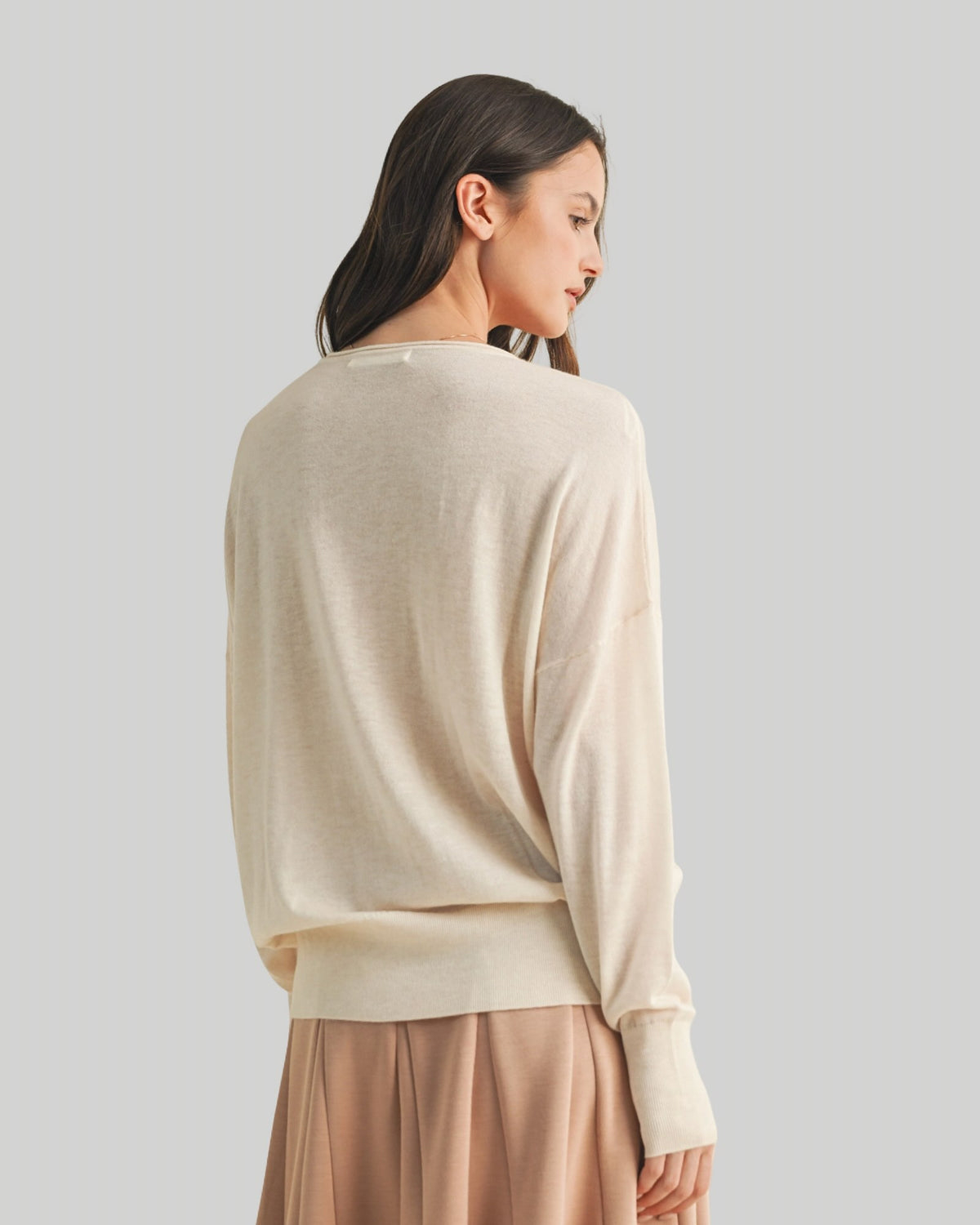Dropped Shoulder V-Neck Banded Sweater Ecru and Heather Grey