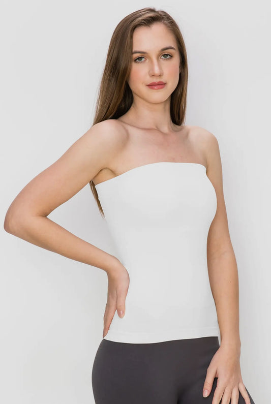 WHITE MEDIUM LENGTH TUBE TOP WITH BUILT IN SHELF BRA