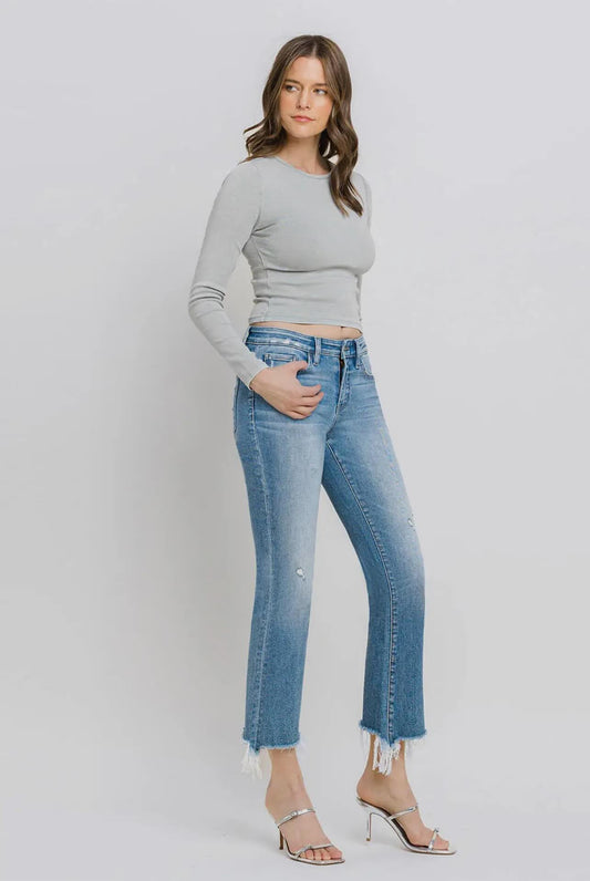 Mid rise frayed hem ankle boot cut jeans sunrise