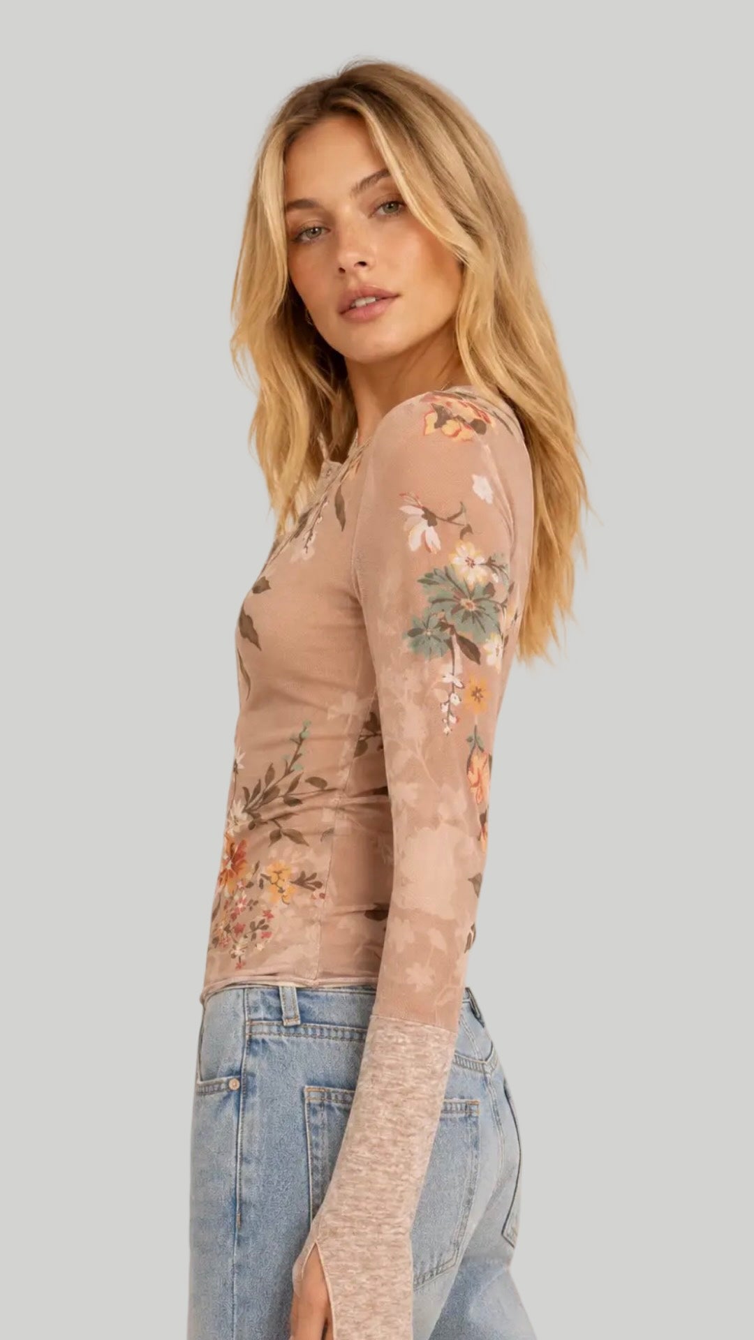 Multi Print Long Sleeve Mesh Henley Top