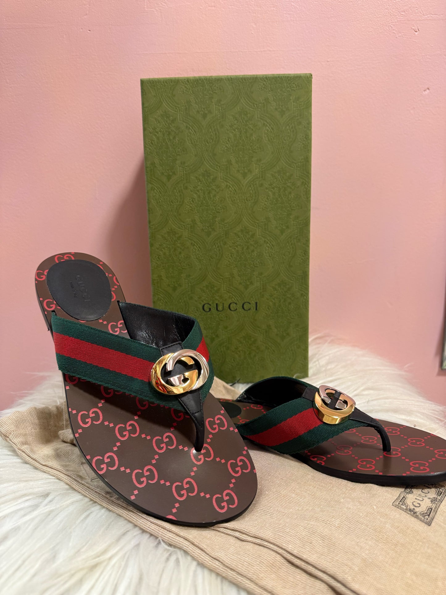Gucci Kika Web Thong Sandal with Red GG Insole