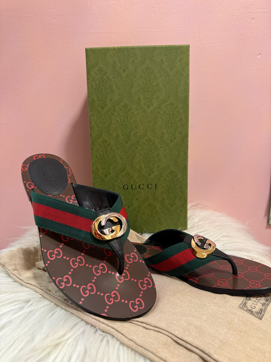 Gucci Kika Web Thong Sandal with Red GG Insole