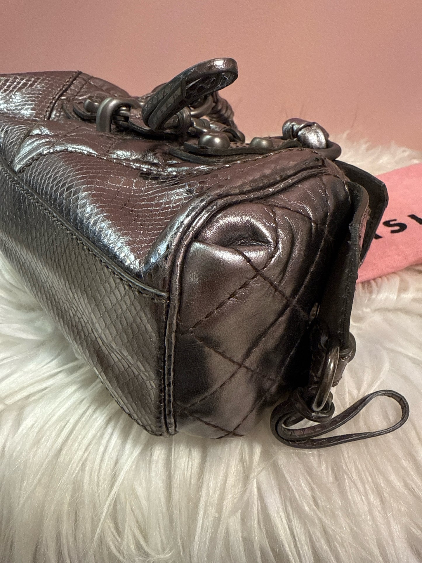 FRANCESCO BIASIA QUILTED PEWTER MINI HANDBAG BRAIDED HANDLES W DUST