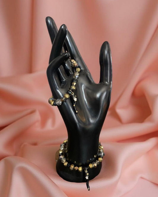 ITALIAN  HORN BLACK AND GOLD BEADED BRACELET, BLACK HORN WITH GOLD STARS
