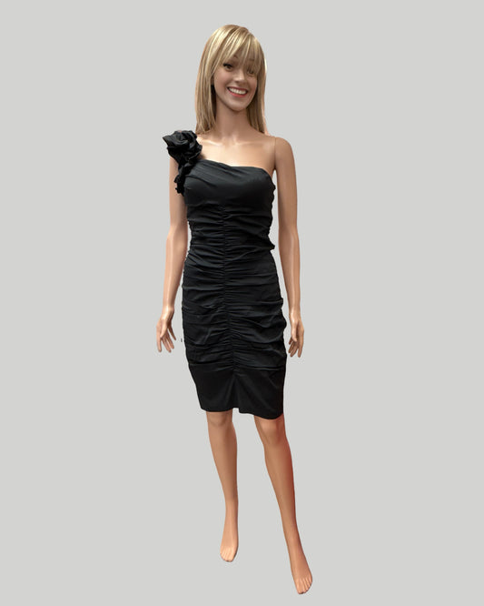CACHE RUFFLED ONE SHOULDER BLACK GATHERED DRESS