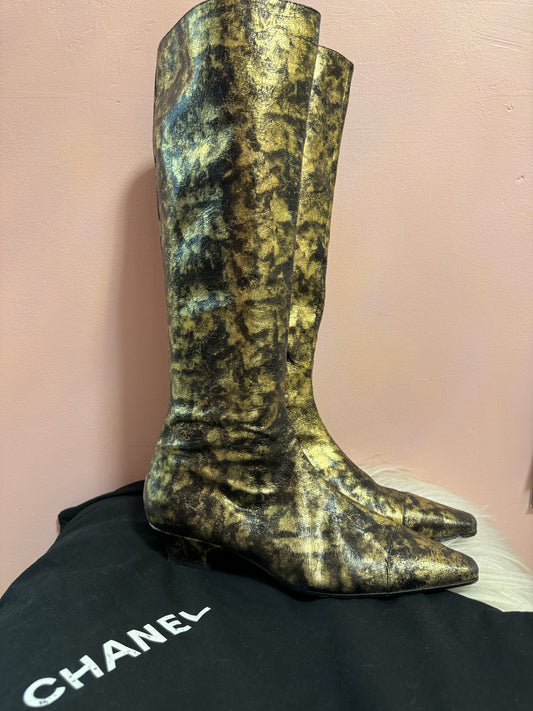 Chanel Black and Gold Knee High Boots A G34281