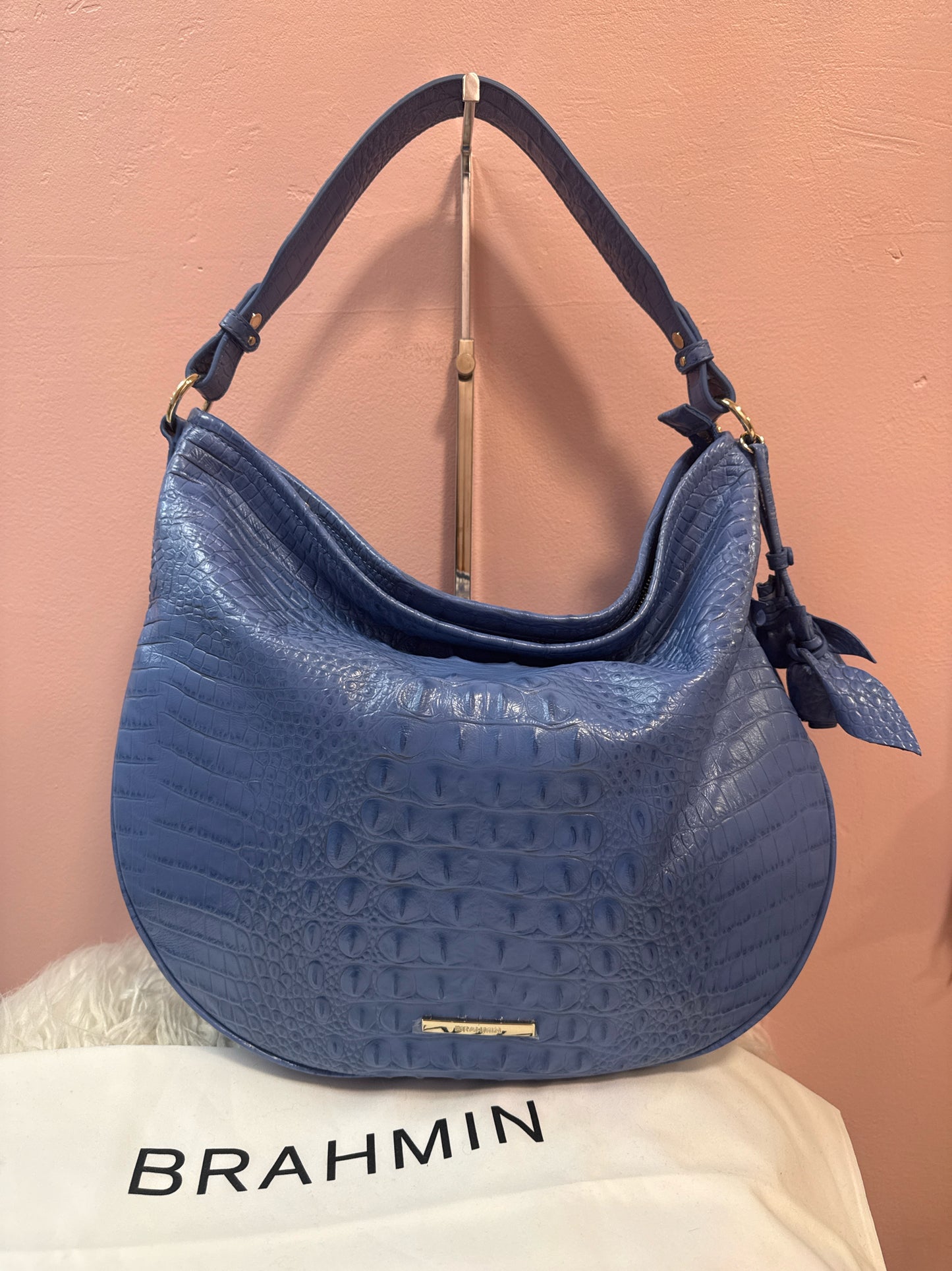 Brahmin Kathleen Rose Blue Croc Embossed Shoulder Bag