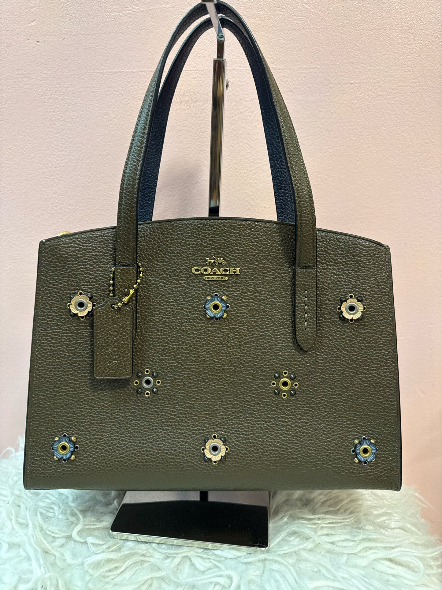Coach Charlie Carryall 28 with rivets n Pebbled Olive Leather