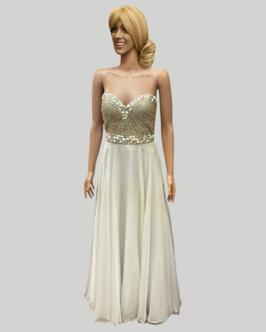 SHERRI HILL STRAPLESS OFF WHITE GOWN GOLD IVORY BEADED SEQIN BODICE FULL BOTTOM
