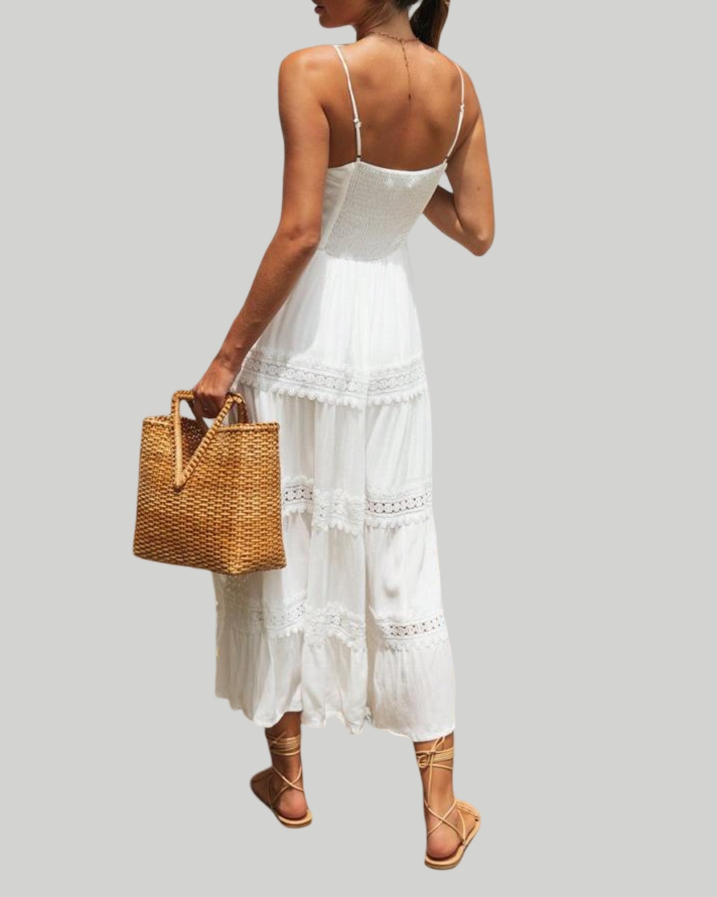 Boho Lace-Trimmed White Maxi Sundress