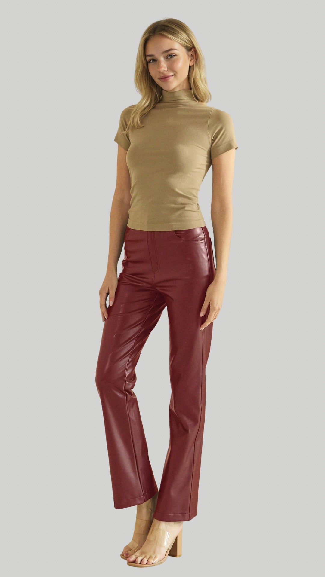 So Edgy Faux Leather Straight-Leg High-Rise Pants in Burgundy Black Chocolate