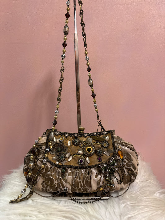 Mary Frances taupe velvet fabric multi beaded strap shoulder bag