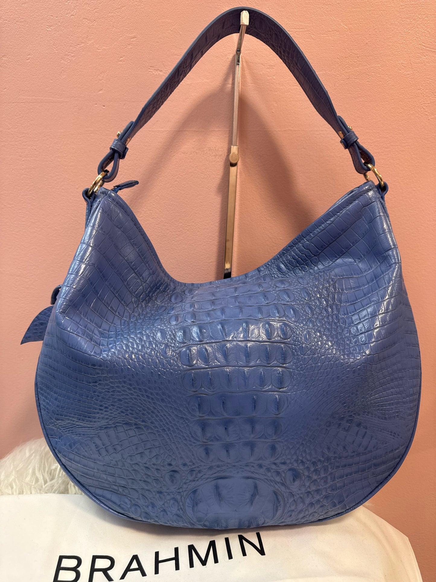 Brahmin Kathleen Rose Blue Croc Embossed Shoulder Bag