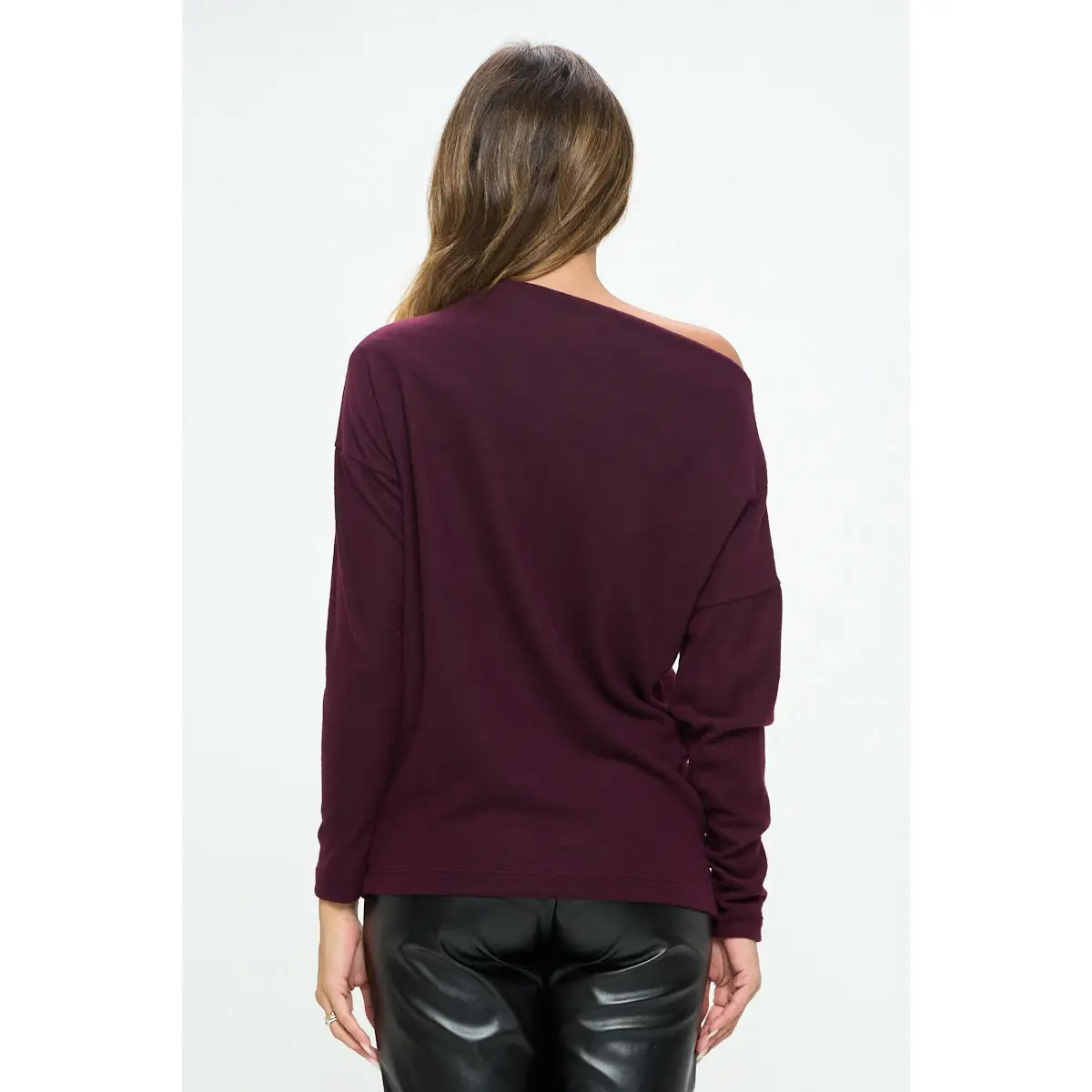 Plum brushed knit off the shoulder top