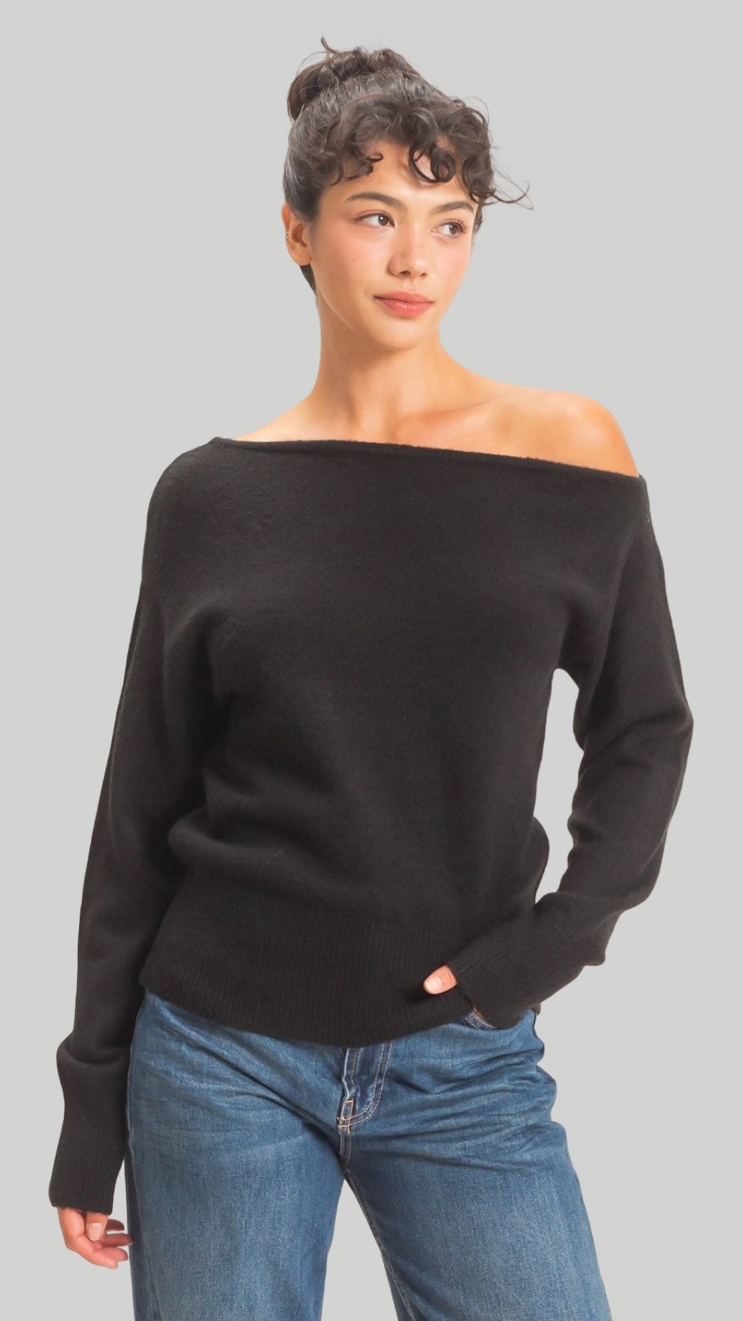 Off the Shoulder Sweater Top in Black and Green