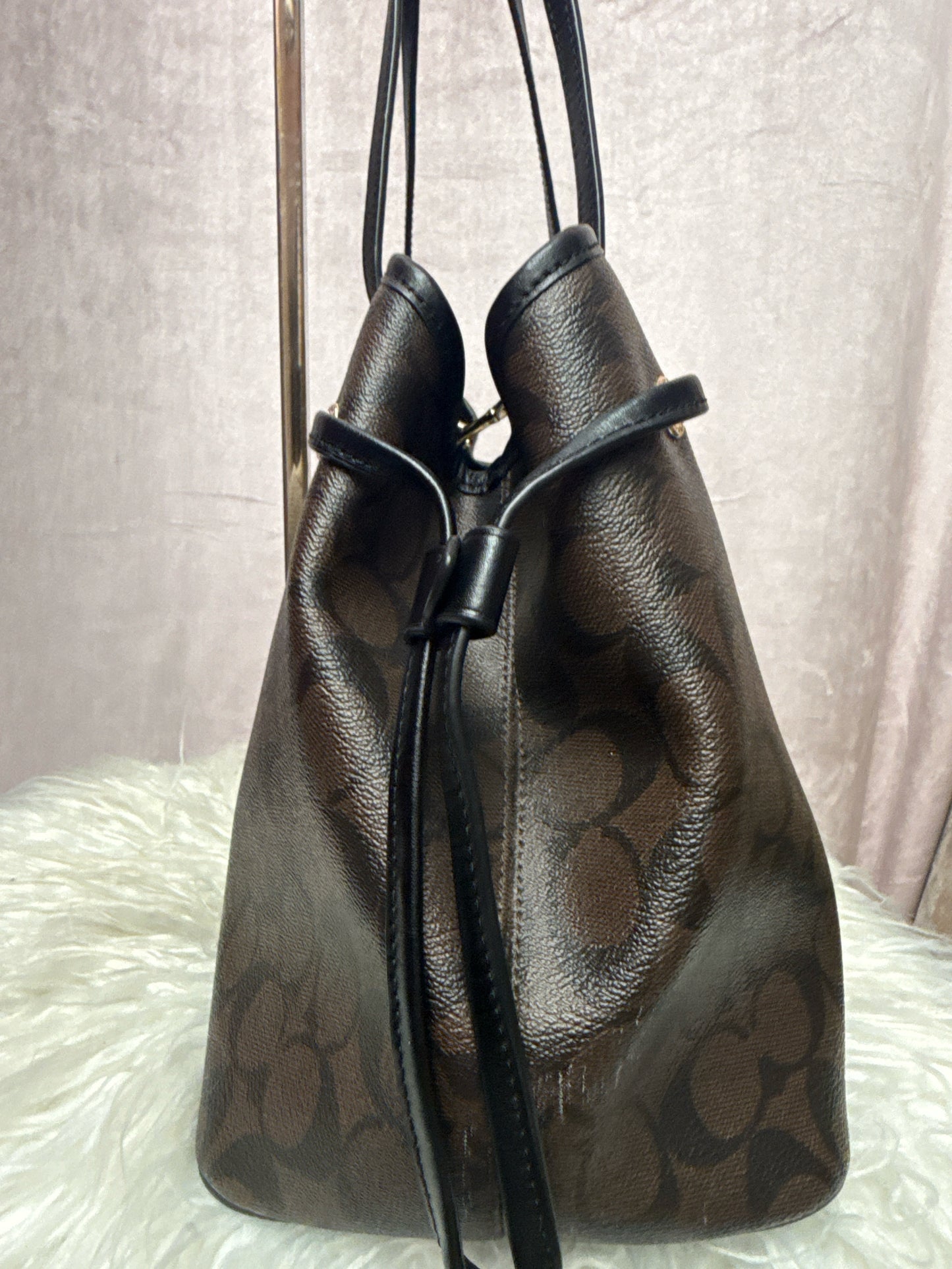 Coach Signature Drawstring Carryall Bag in Brown and Black F57842