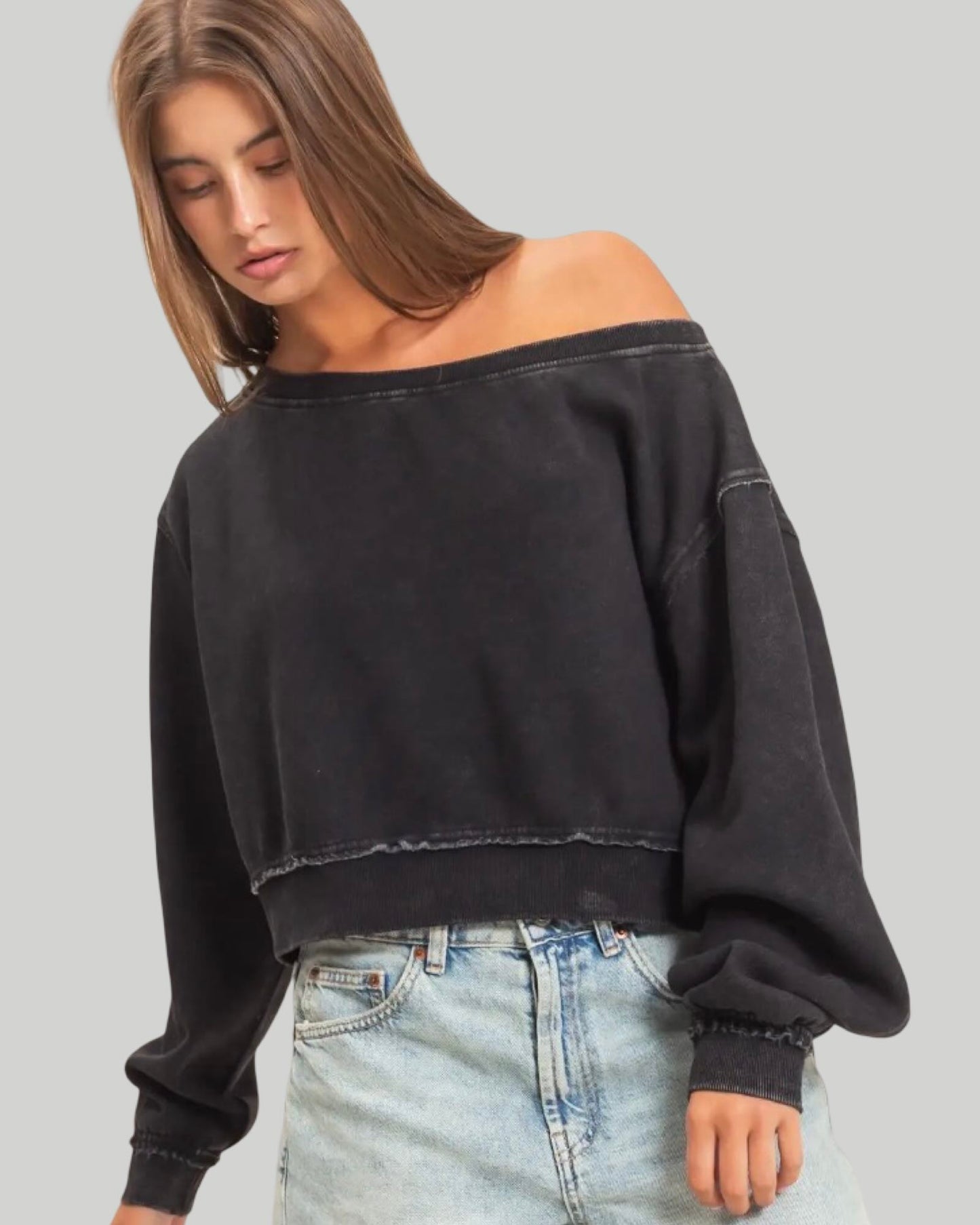 Raw Edge Acid Wash Off the Shoulder Sweatshirt