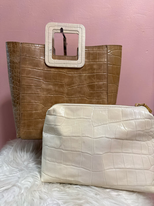 STAUD EMBOSSED LEATHER TOP HANDLE BAG