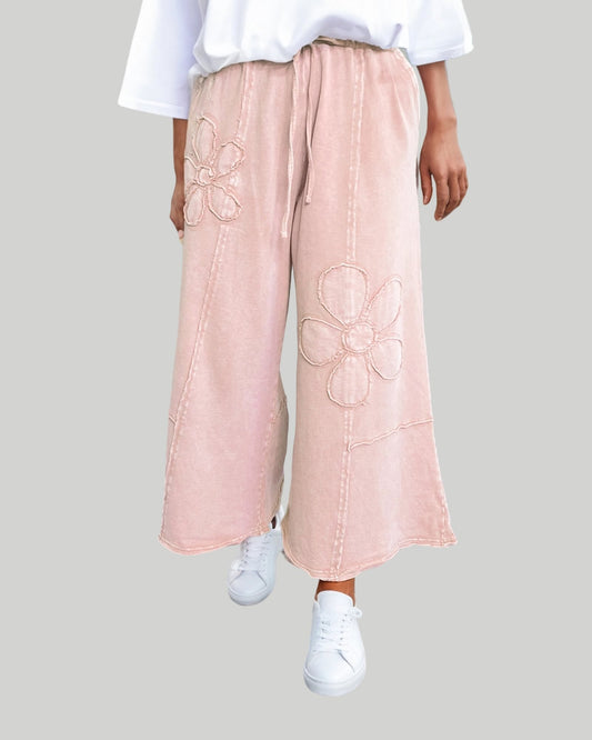 Pink Floral Patch Mineral Wash Terry Knit Cropped Wide Leg Pants