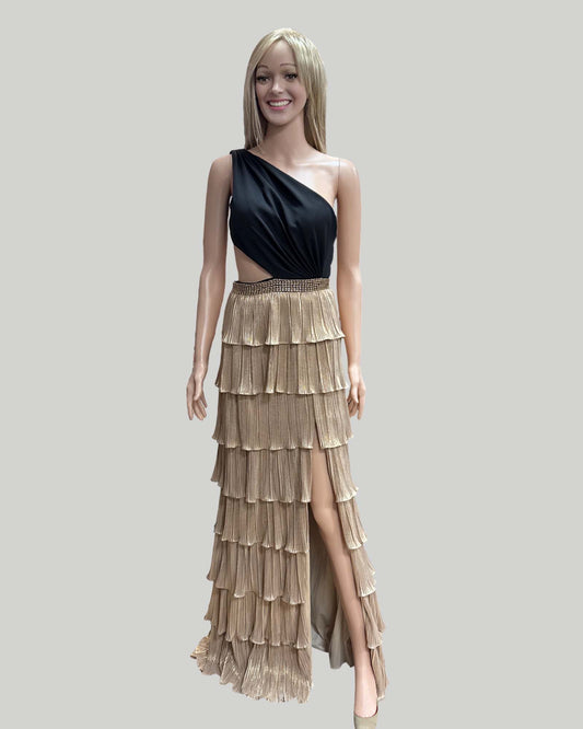 IEENA MACDUGAL ONE SHOULDER LAYERED METALLIC RUFFLE GOWN