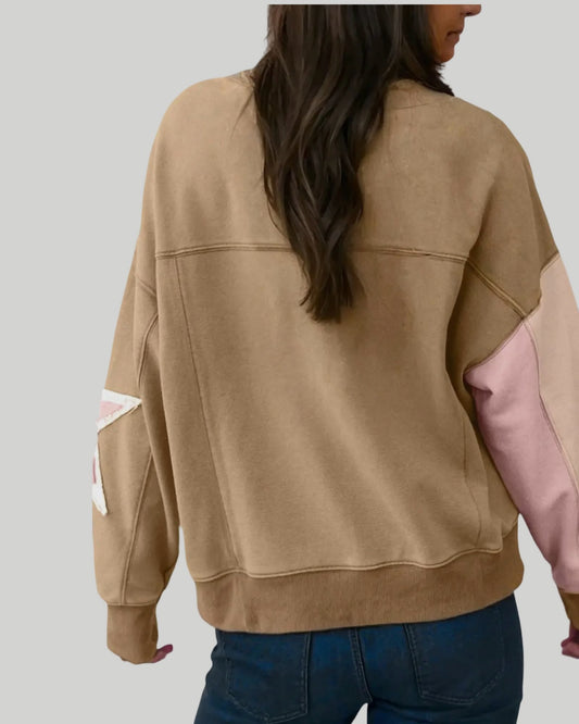 Star Patch Drop Shoulder Uneven Hem Sweatshirt Taupe and Pink | S-l