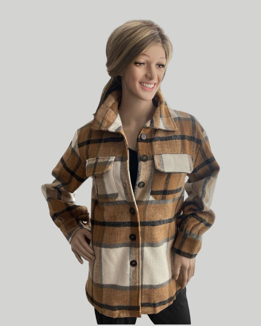 BROWN PLAID BUTTON FRONT SHACKET