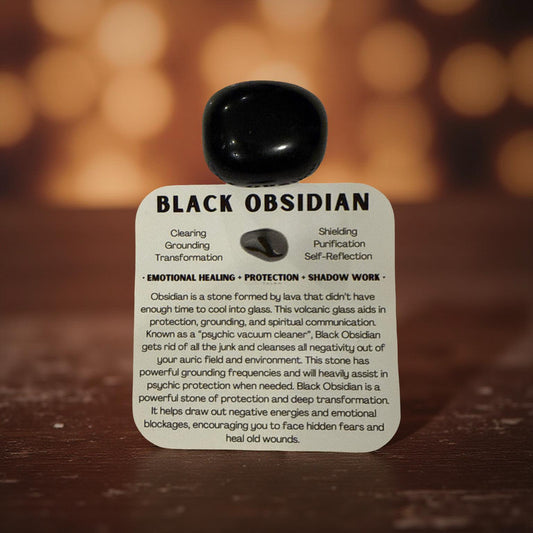 TUMBLED CRYSTALS WITH INFORMATION CARD BLACK OBSIDIAN, AMETHYST, CLEAR QUARTZ, MOSS AGATE, RHODONITE, TIGERS EYE