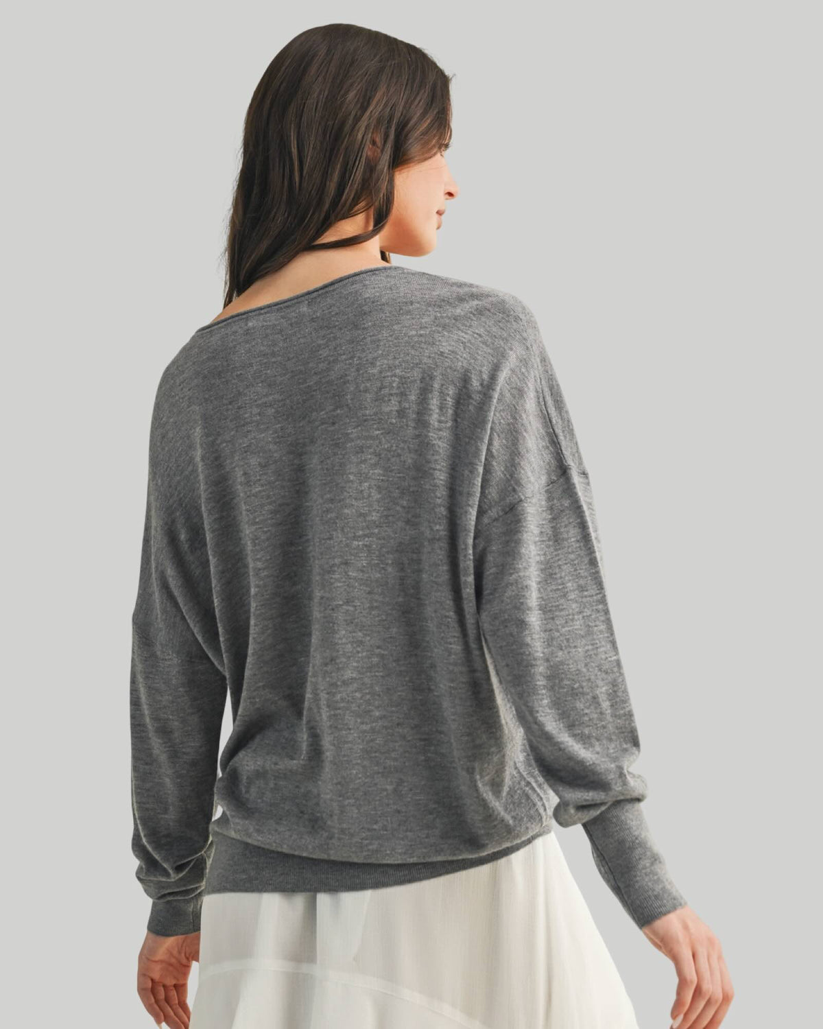 Dropped Shoulder V-Neck Banded Sweater Ecru and Heather Grey