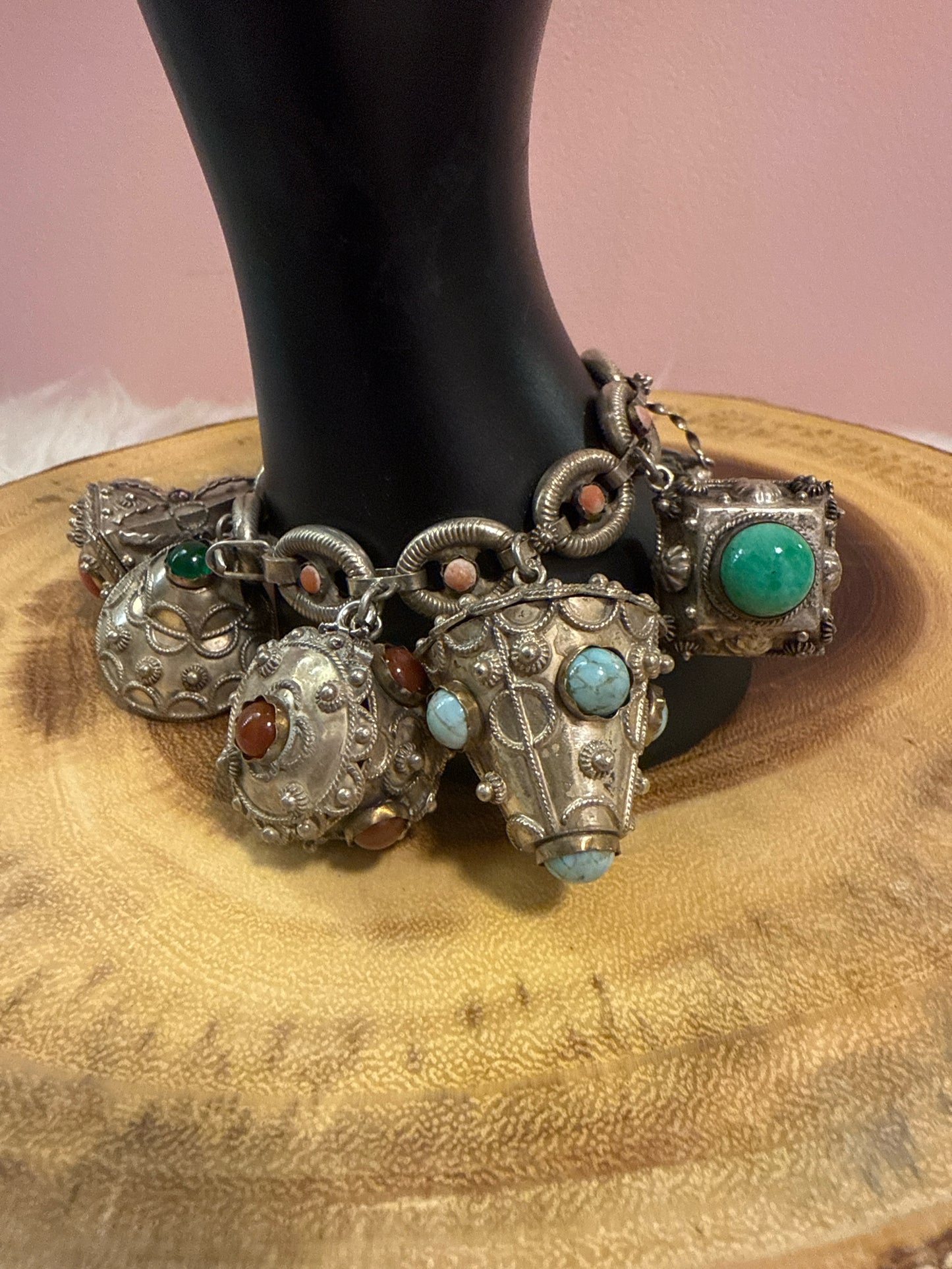 Vintage Etruscan Revival Charm Bracelet 800 Silver Natural Stones
