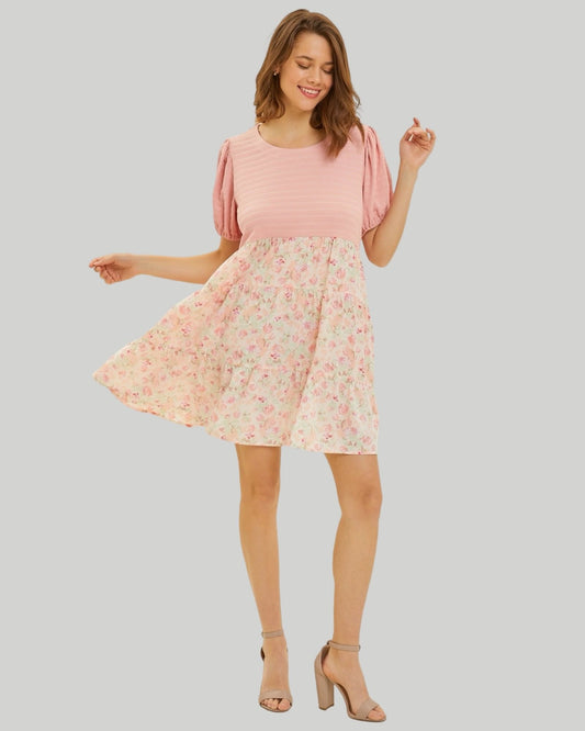 FLARE MINI DRESS, ROUND NECK, MIXED FABRIC