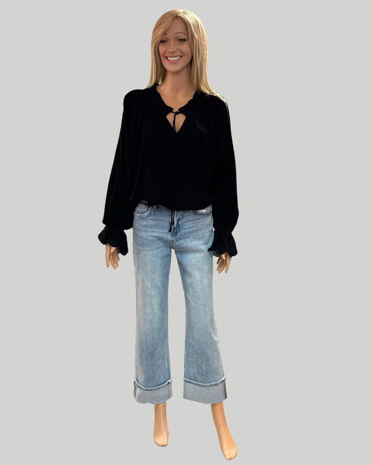 Crochet Bell Sleeve Smocked Blouse Black M