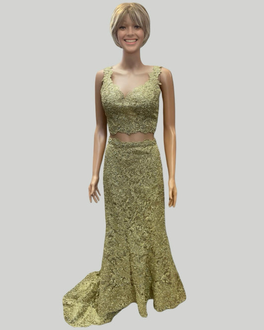 SHERRI HILL 2 PC GOLD LACE GOWN