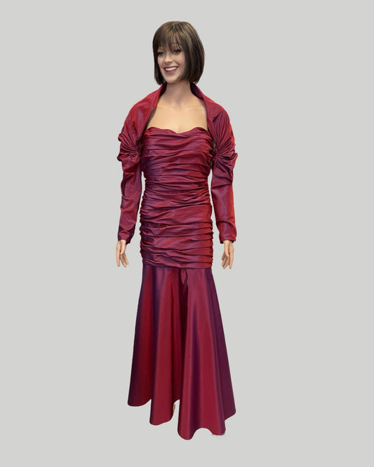 TADASHI VINTAGE BORDEUX RUCHED GOWN WITH MATCHING JACKET SZ 8