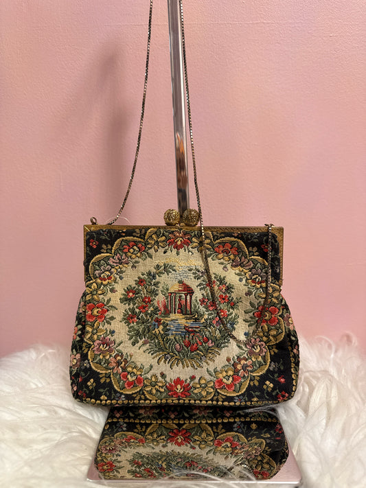 BLACK TAN PETIT POINT EMBROIDERY EVENING BAG