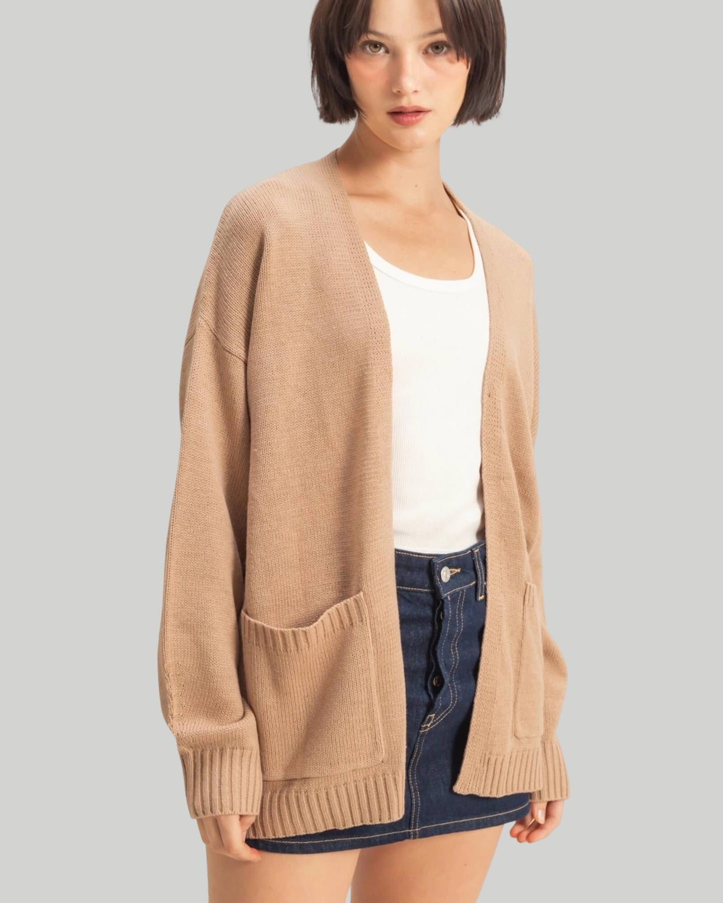 Oversized open front cardigan with pockets available in taupe and black