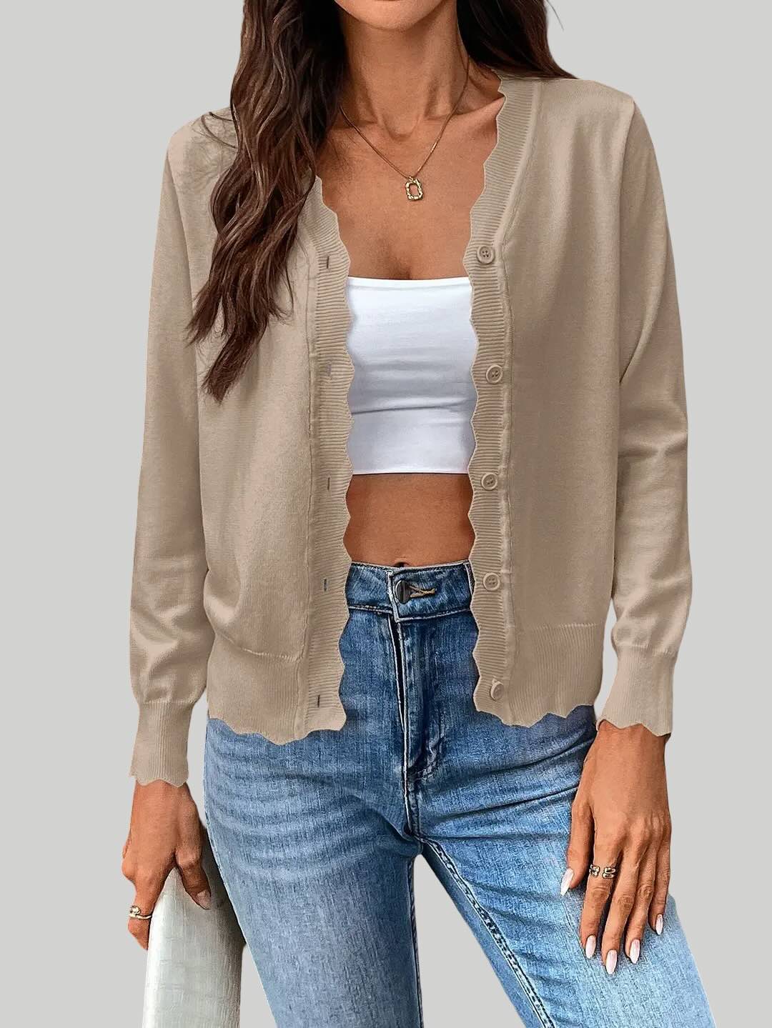Solid Color V-Neck Lettuce Edge Knit Cardigan