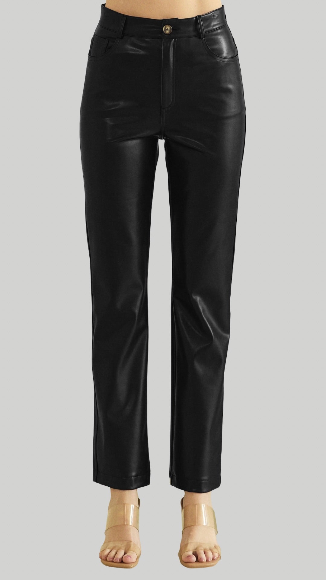 So Edgy Faux Leather Straight-Leg High-Rise Pants in Burgundy Black Chocolate