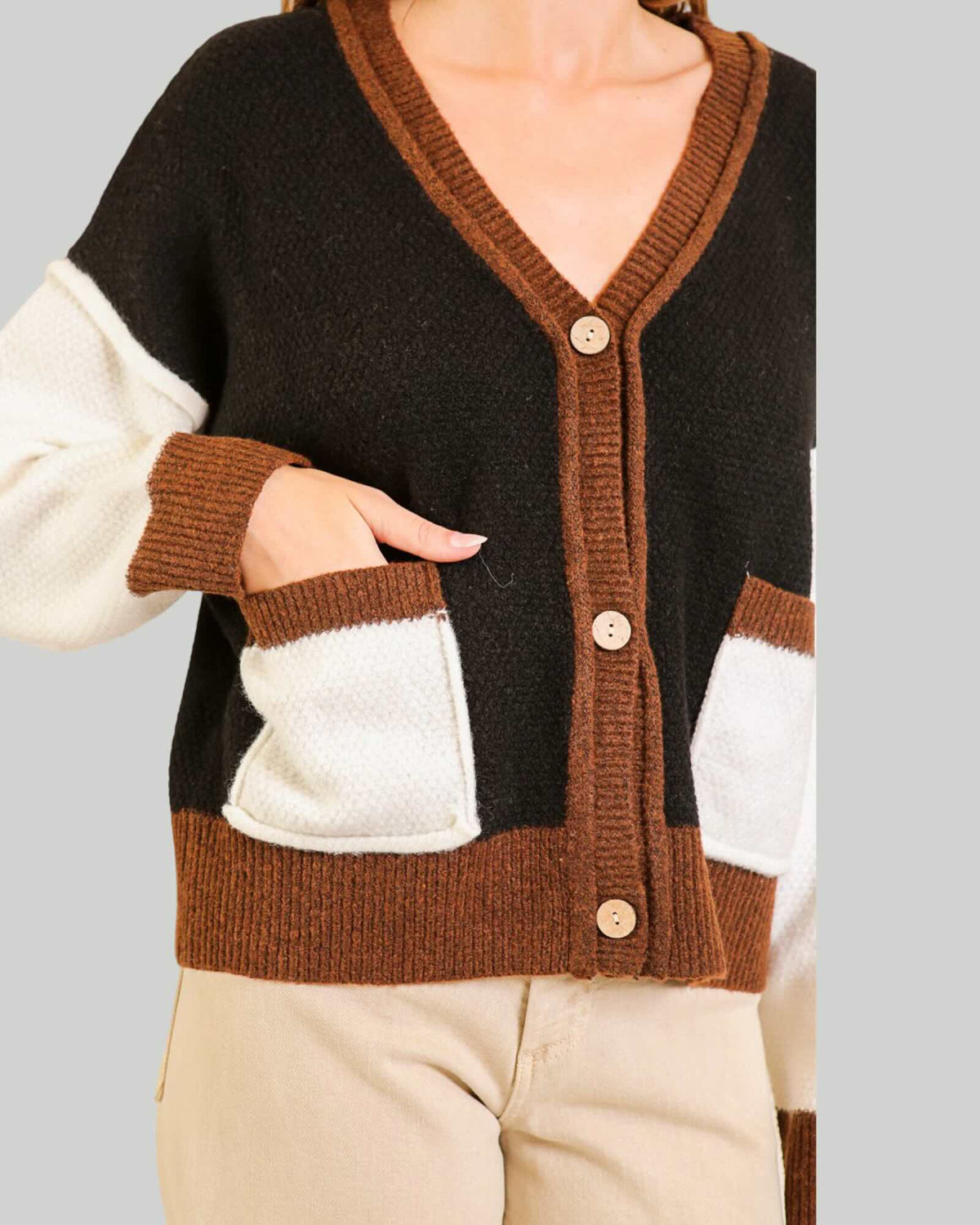Color Block Knit Cardigan Black Mocha Ivory