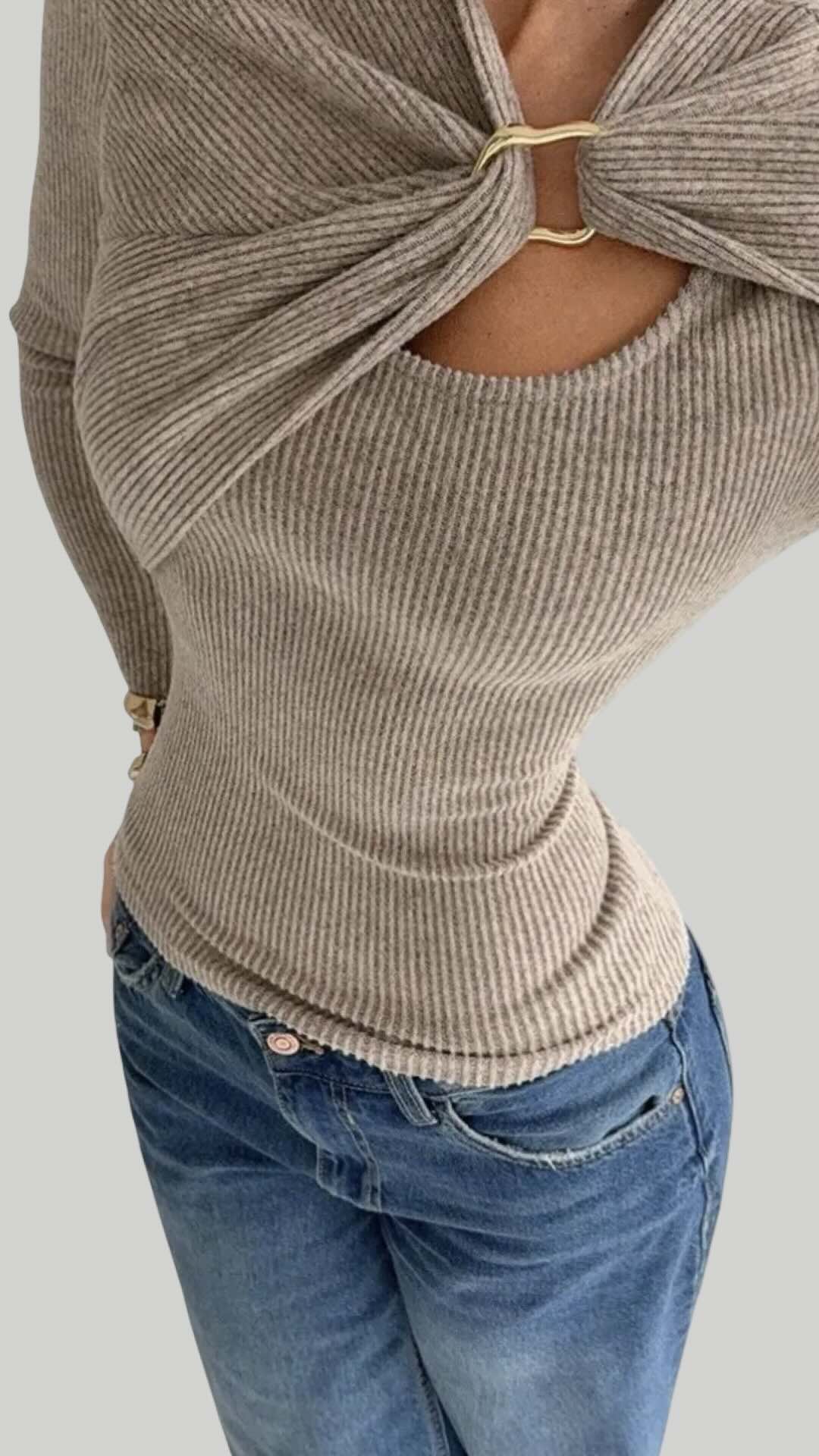 Ribbed Knit Metal Buckle Ruched Slim Fit Long Sleeve Top Burgundy and Khaki