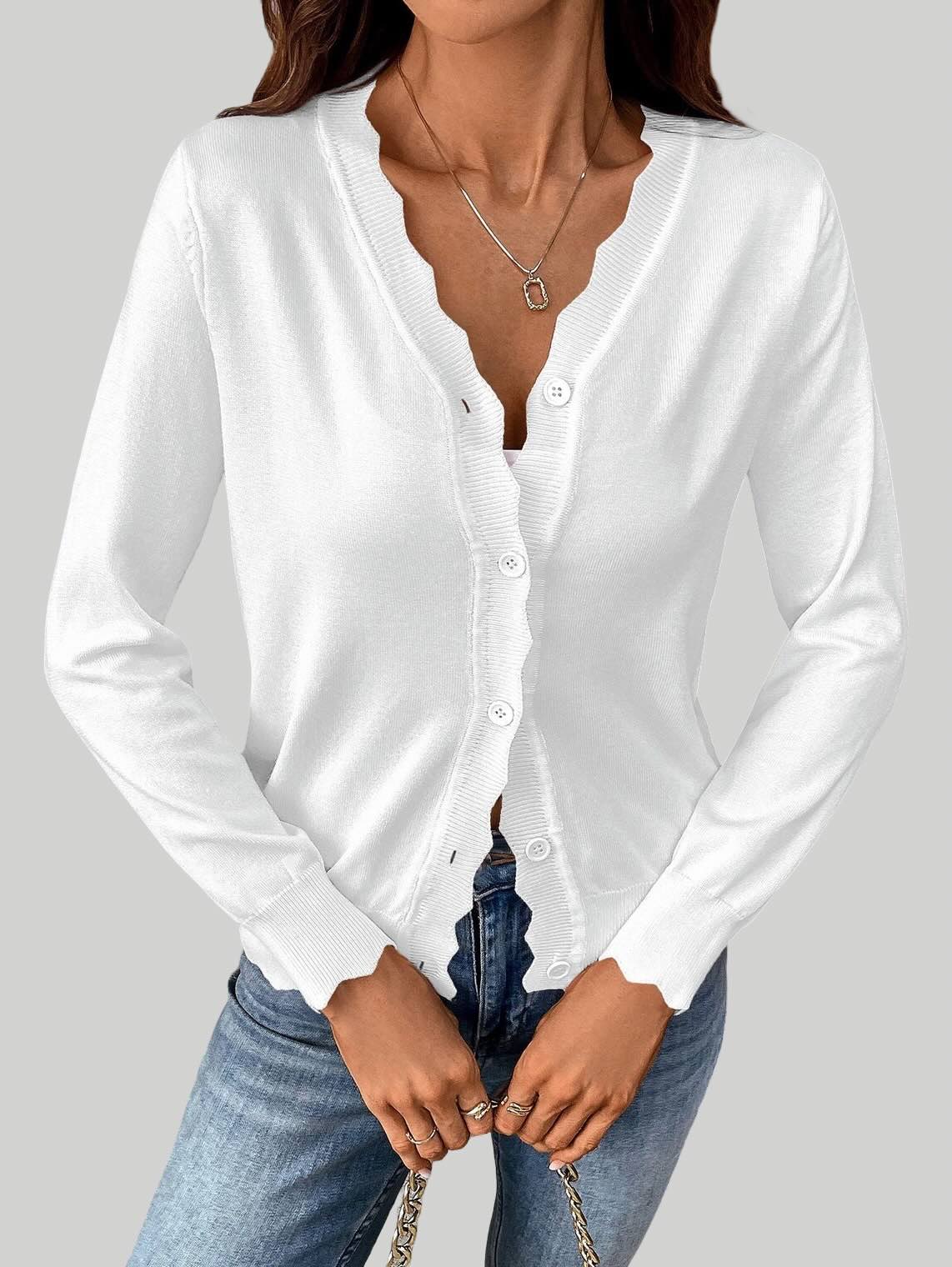 Solid Color V-Neck Lettuce Edge Knit Cardigan