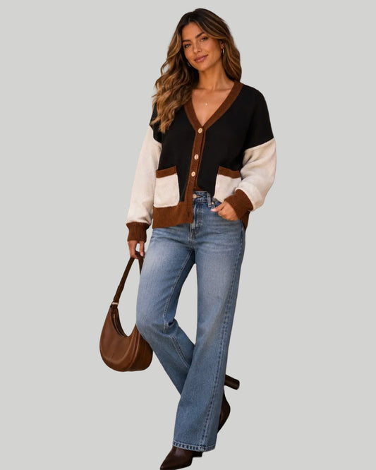 Color Block Knit Cardigan Black Mocha Ivory