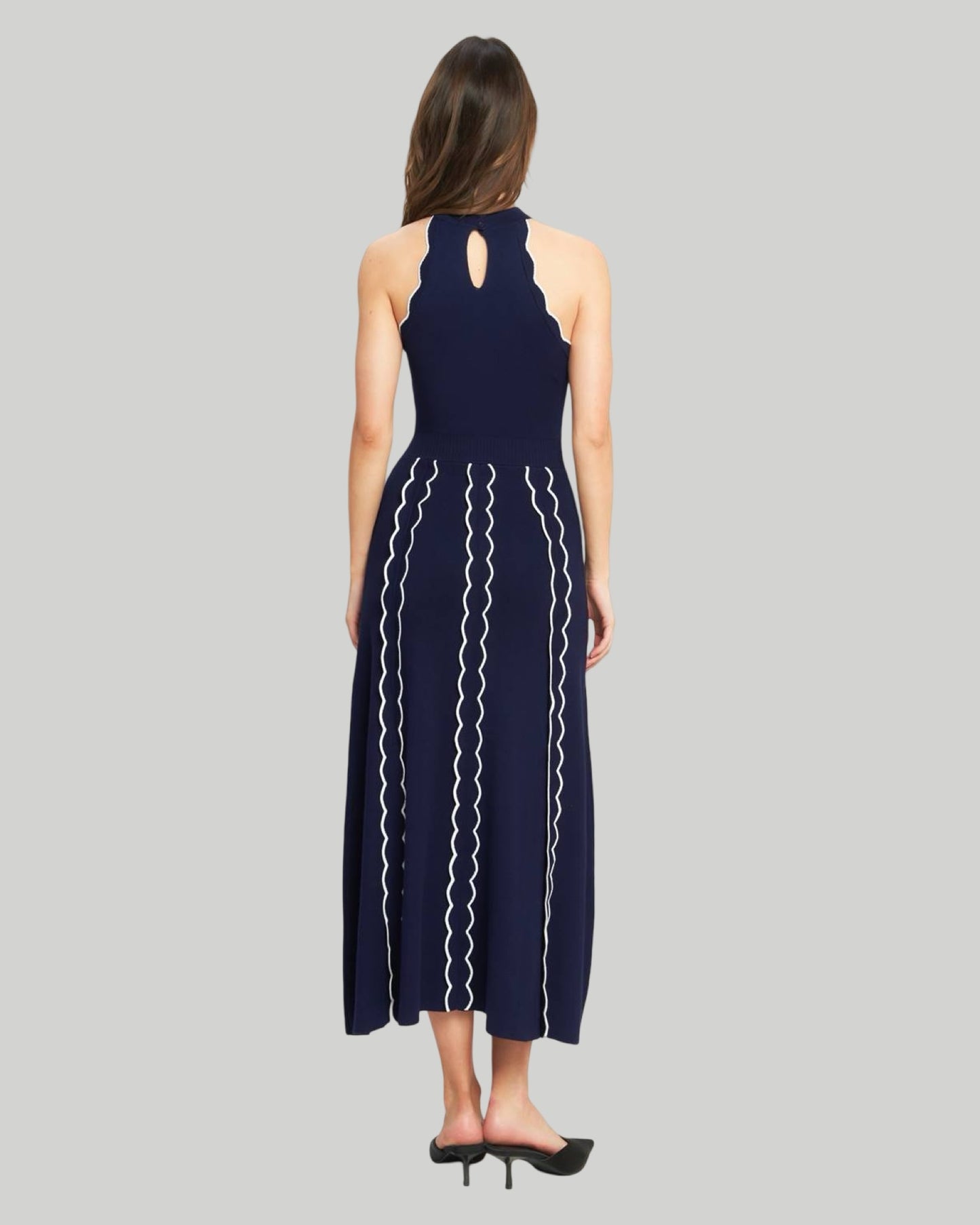 Navy and Ivory Halter Knit Midi Dress