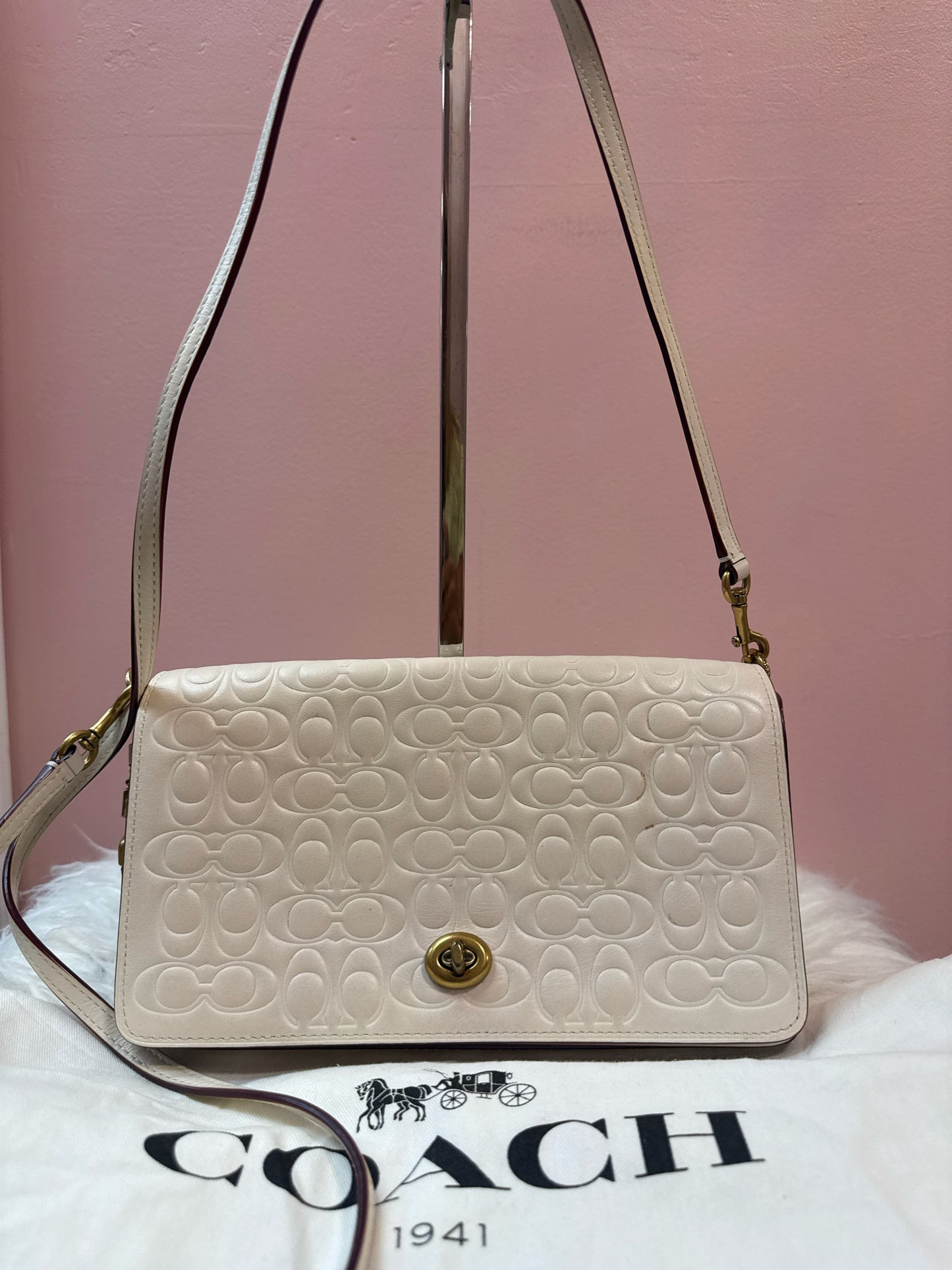 Coach Dinky Bag in Cream Signature Embossed Leather