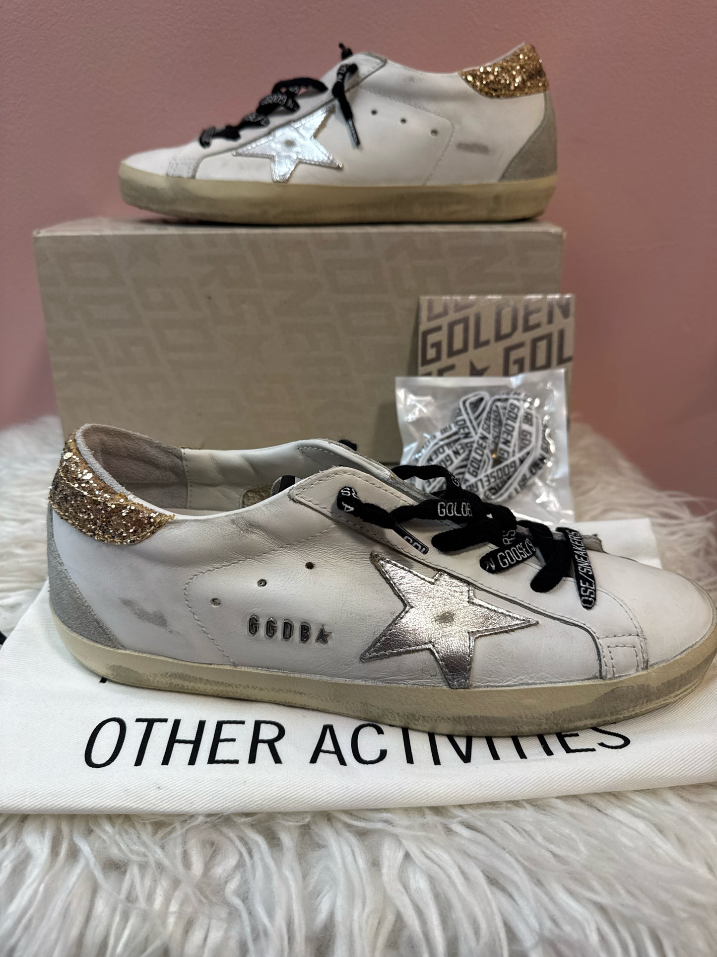 Golden Goose White Leather Super-Star with Glittery Heel tab