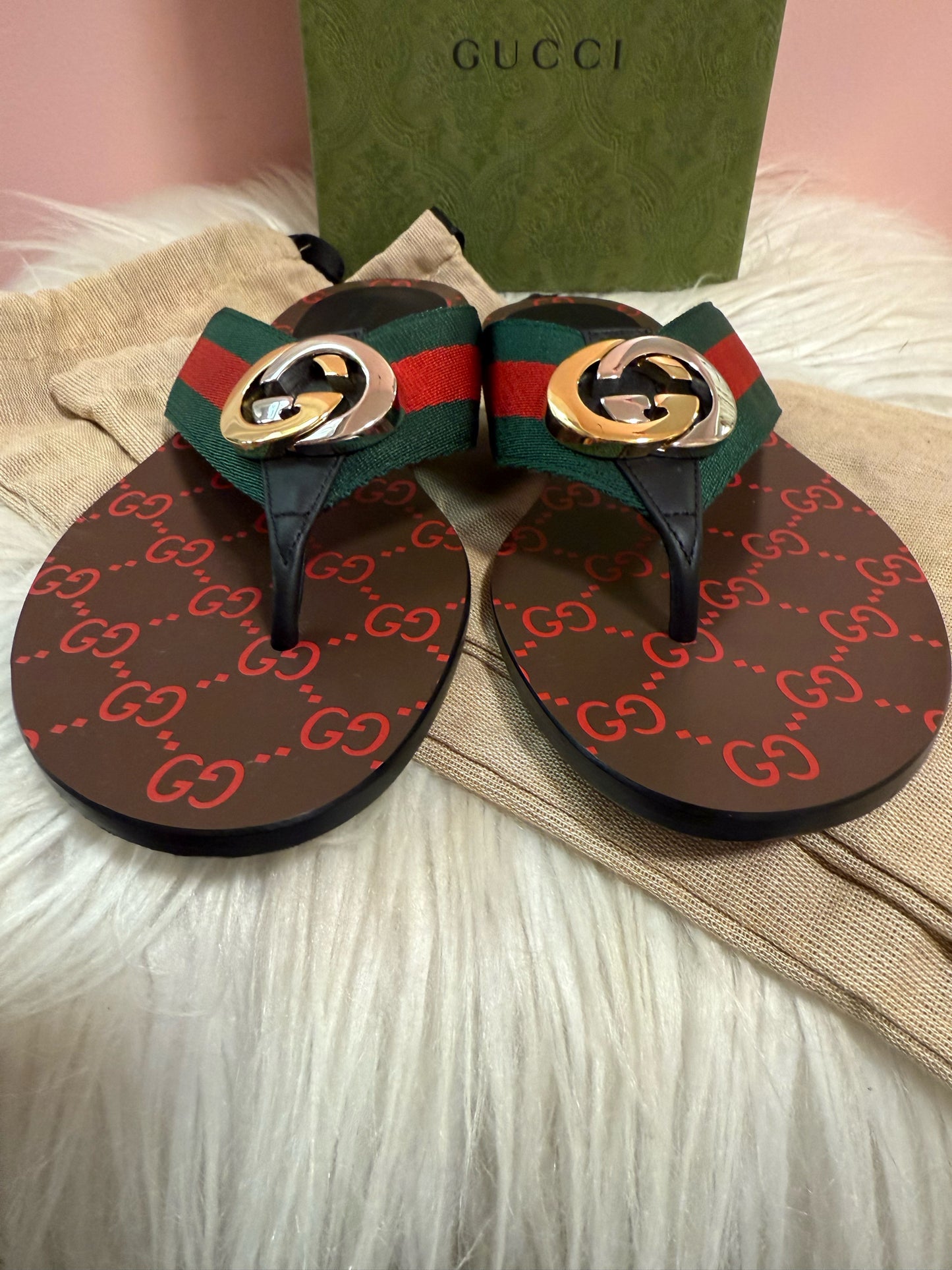 Gucci Kika Web Thong Sandal with Red GG Insole