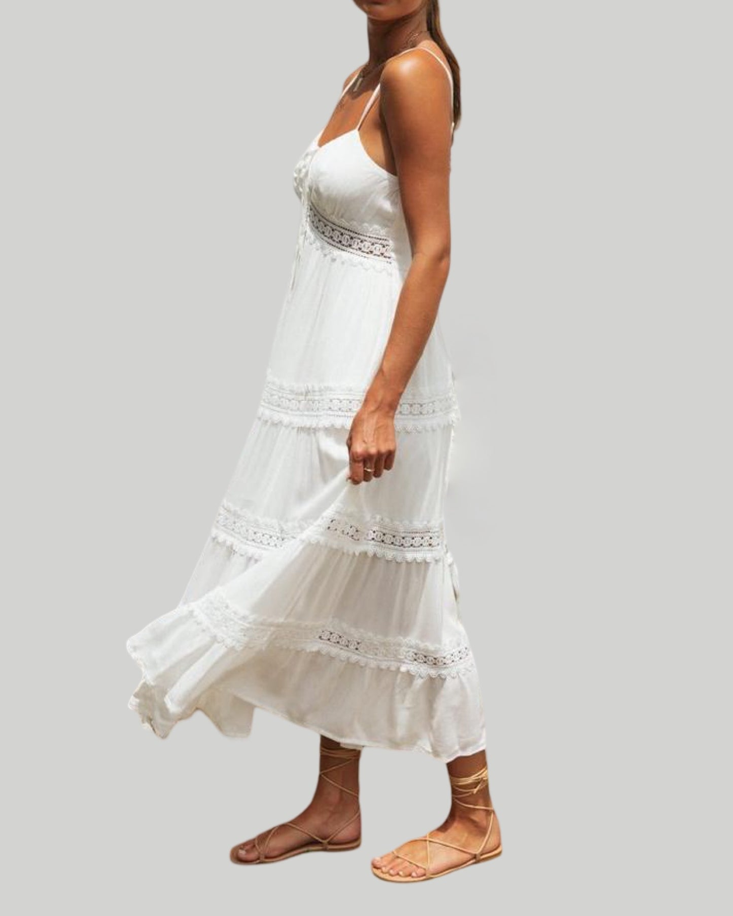 Boho Lace-Trimmed White Maxi Sundress