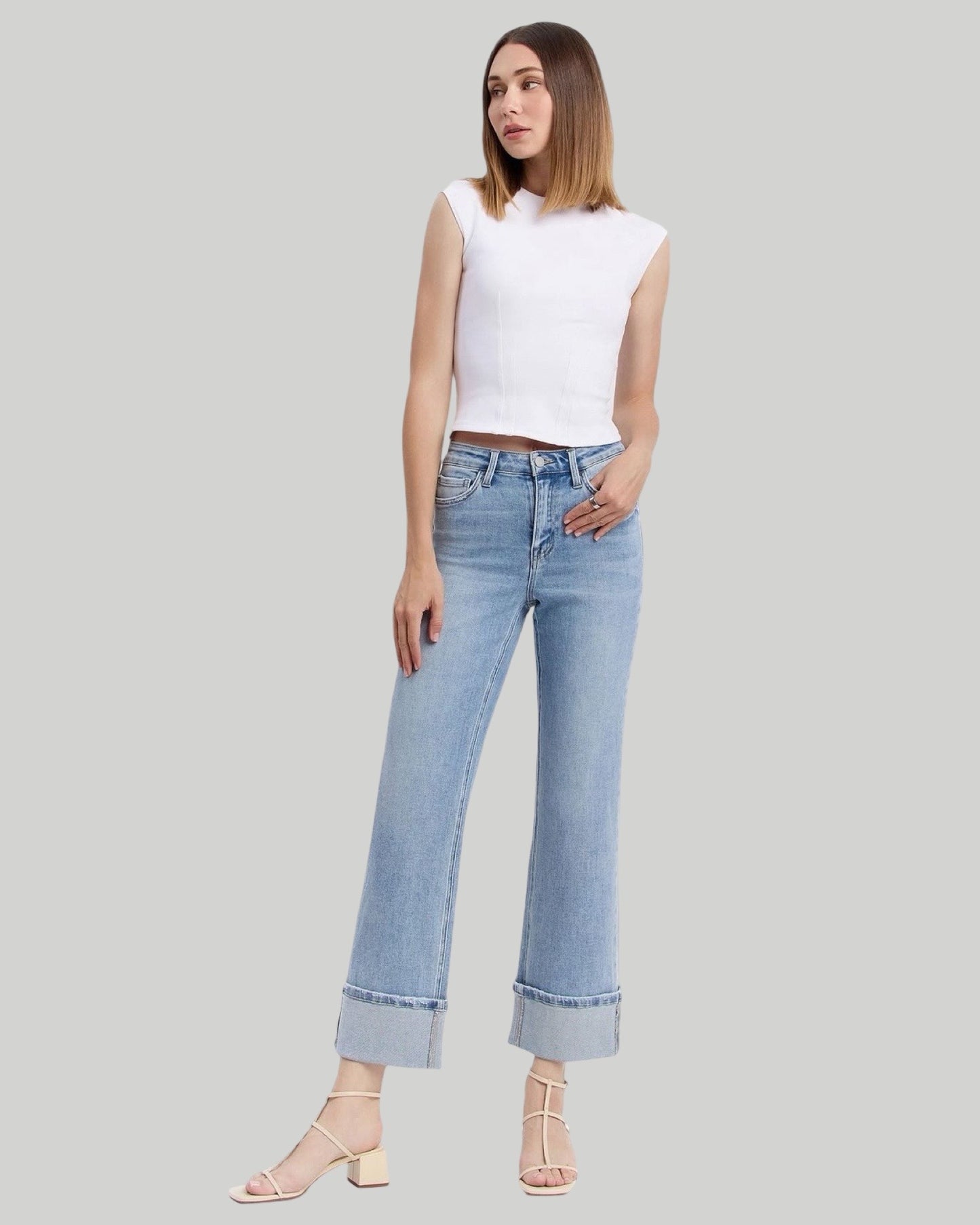 High rise cuffed slim wide jeans elan