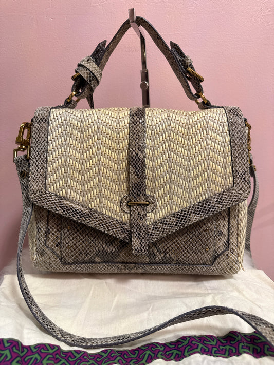 Tory Burch 797 raffia and snake print satchel with shoulder strap and dust bag