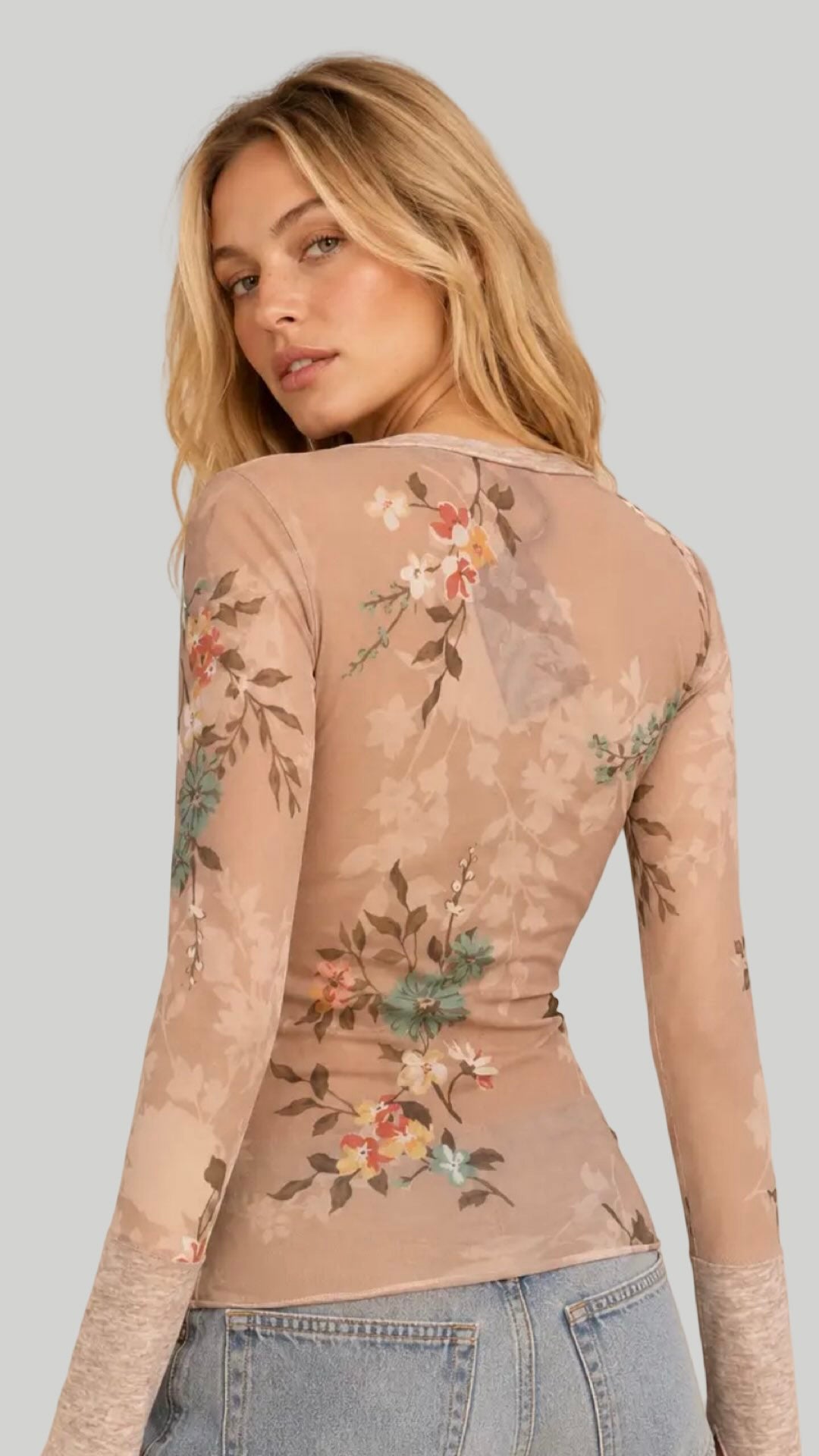 Multi Print Long Sleeve Mesh Henley Top